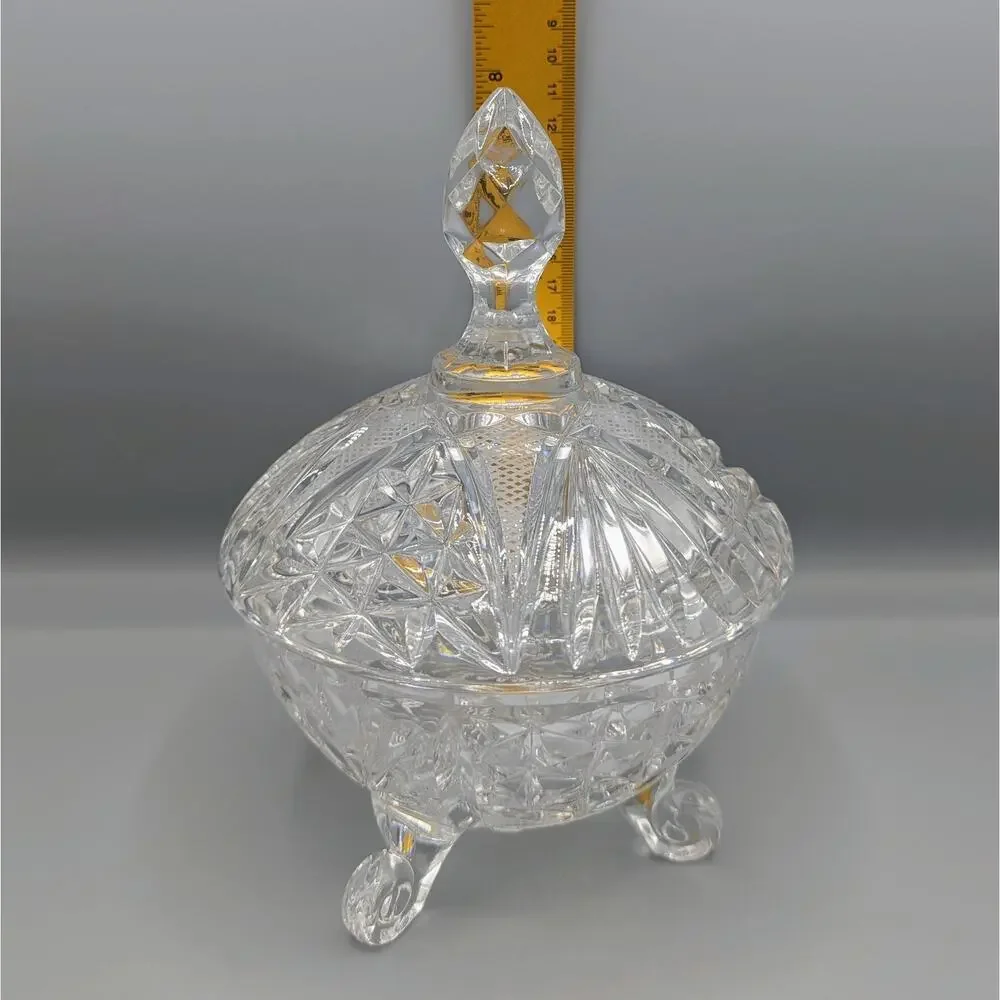 Vintage Cut Crystal Covered Candy Dish 3 Footed Lidded Bowl Pinwheel Starburst